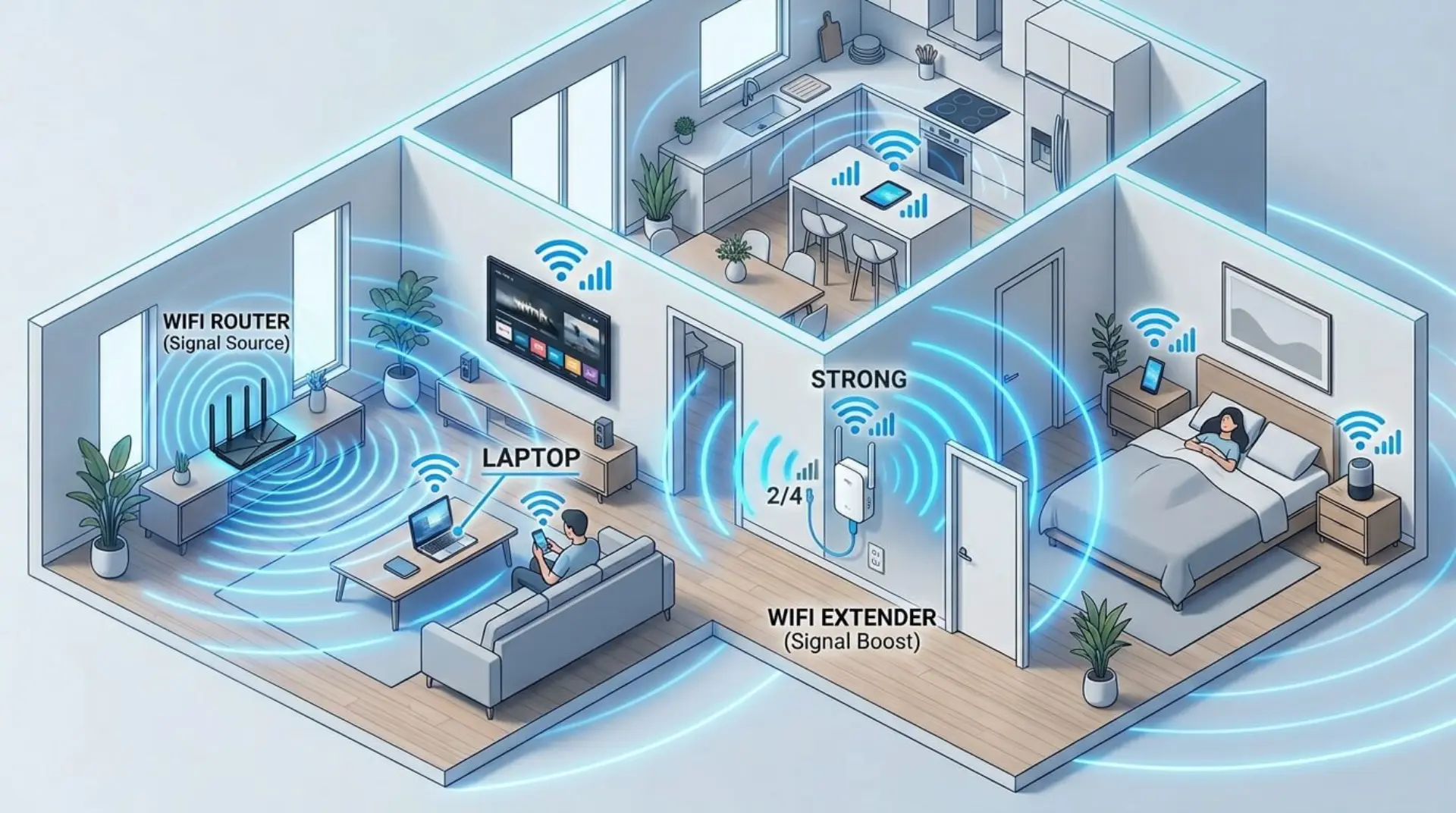 A WiFi extender boosting a router's signal to provide stronger, faster wireless coverage throughout the home.