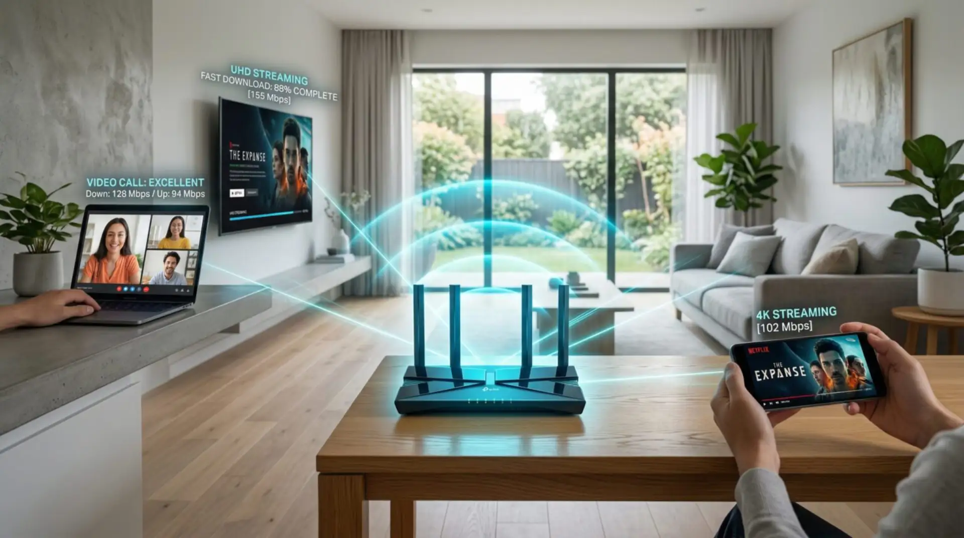 A WiFi router with a speed boost indicator, delivering faster internet and improved wireless performance throughout the home.