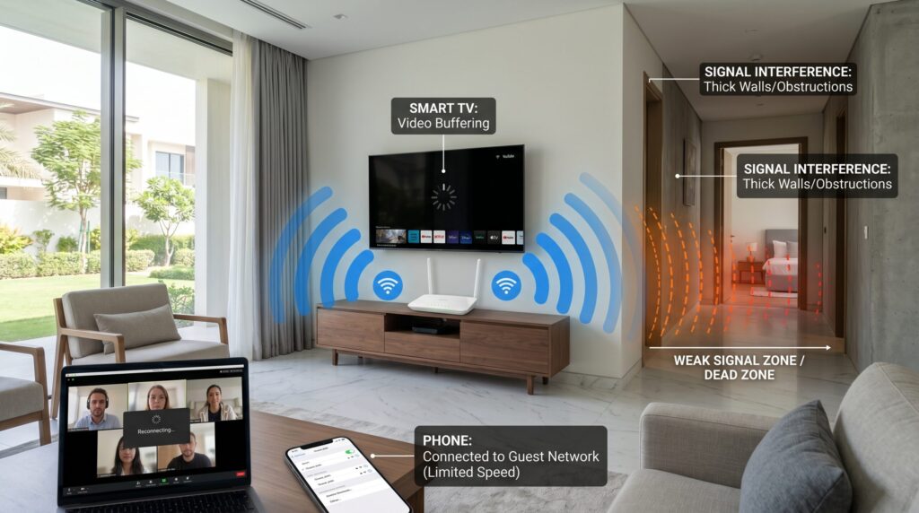 WiFi router placement issue with weak signal coverage, connected devices, and internet problems in a Dubai home.