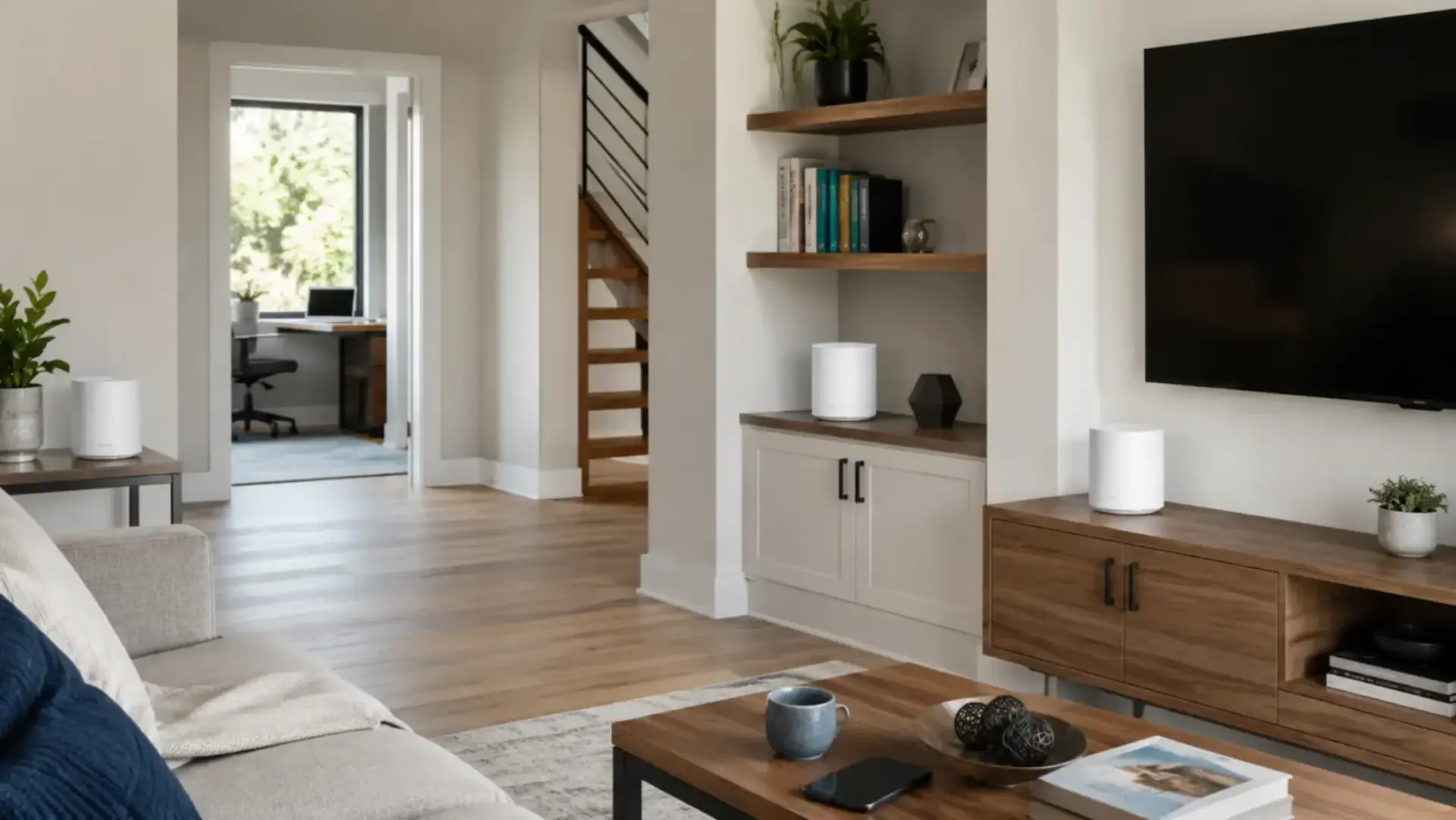 A modern home with multiple mesh WiFi nodes working together to provide seamless wireless internet coverage in every room.