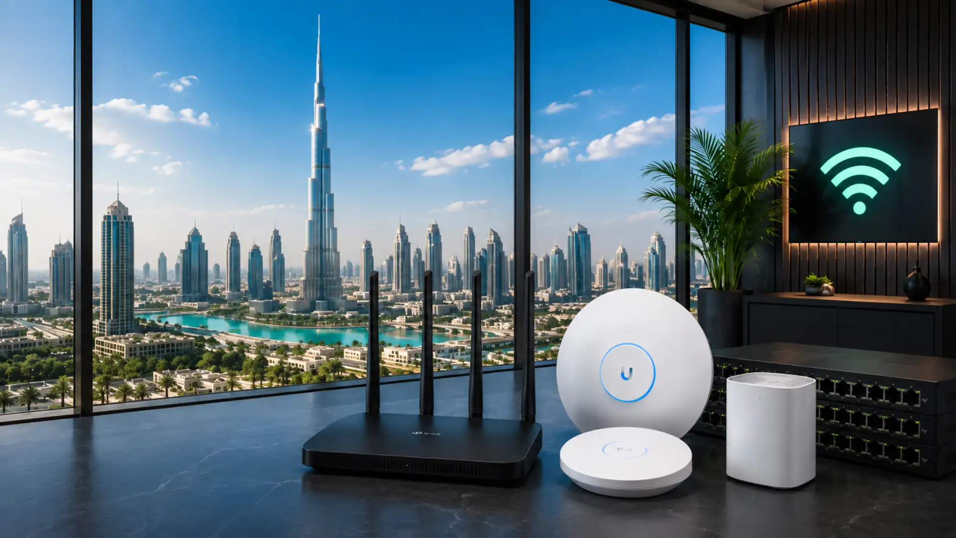 WiFi installation and setup service in Dubai with Burj Khalifa skyline and networking devices