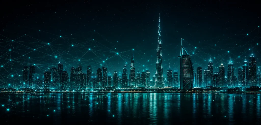 Dubai skyline with digital WiFi network connectivity