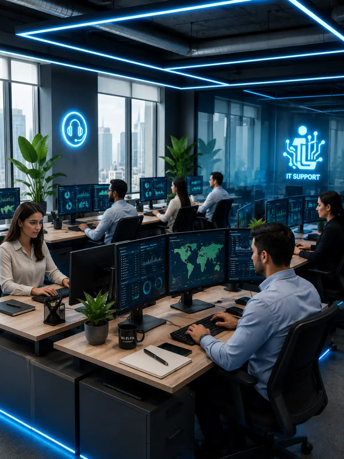 IT support office employees managing business networks and computer systems in Dubai