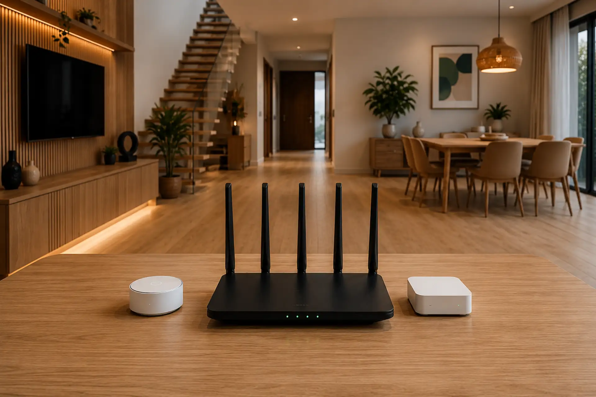 Modern home WiFi router and network devices on a wooden table in a contemporary living room