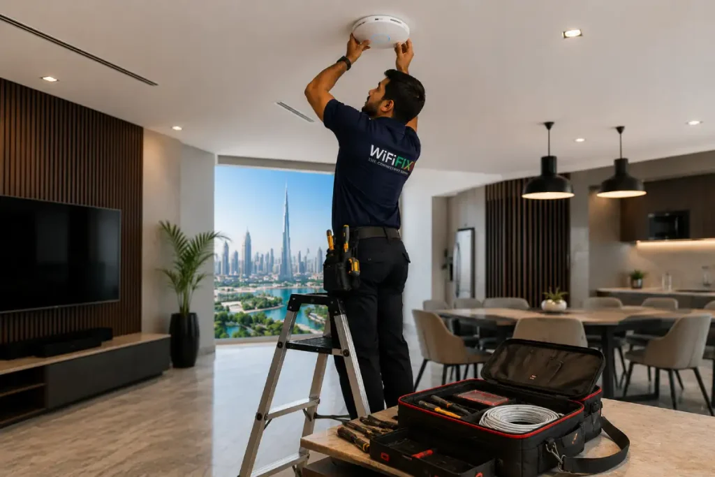 WiFi technician installing a ceiling access point in a Dubai home