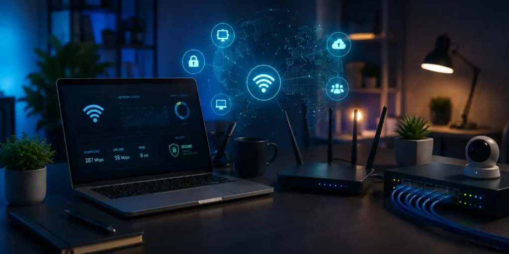 WiFi and IT support technology with network equipment and connected devices