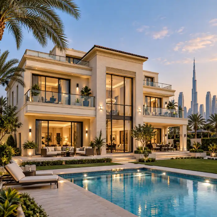Dubai Villa at Dusk with Pool and Skyline